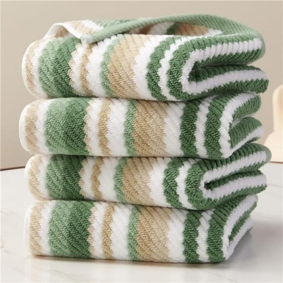 Luxury Green Hand Towels Set of 4 Soft Absorbent Cotton Striped Bathroom Towels - Picture 1 of 7